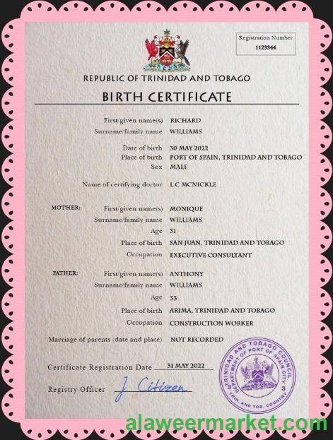 Trinidad and Tobago vital record birth certificate PSD template